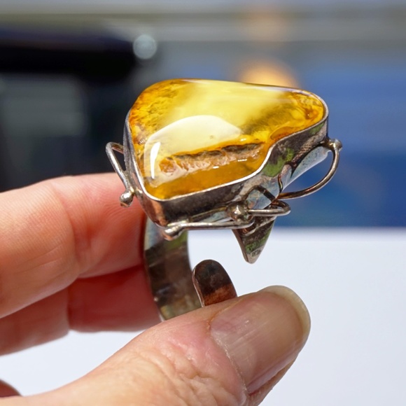 BOLD RAW AMBER SILVER RING ADJUSTABLE UNIQUE